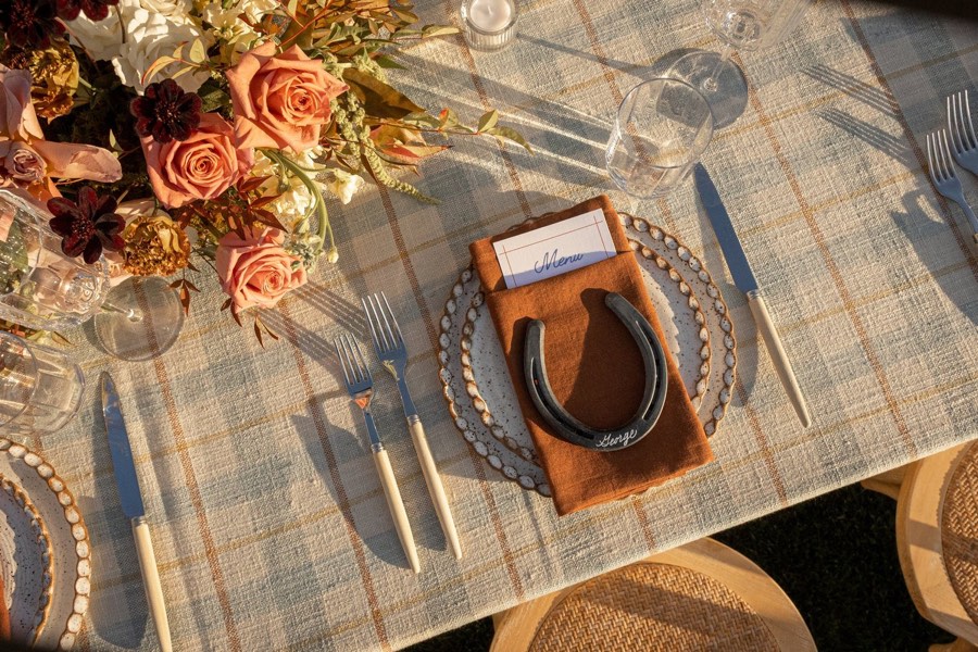 A wedding place setting from above, flowers and a horseshoe card
