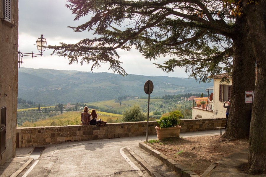 A Tuscan overlook framed by a great pine, a couple on the bench